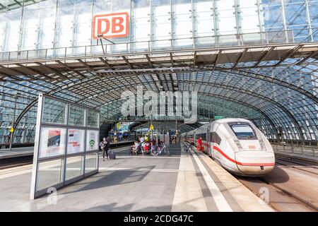 Berlin, Germany - August 20, 2020: ICE 4 high-speed train at Berlin main railway station Hauptbahnhof Hbf in Germany.