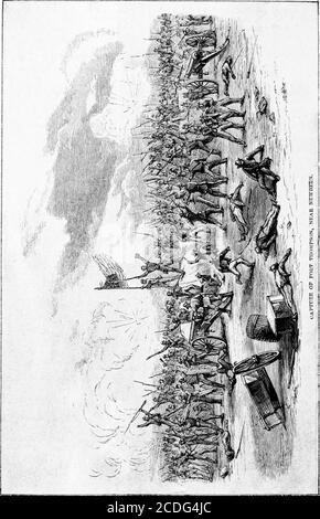 . The story of Company A, Twenty-fifth Regiment, Mass. Vols. in the the War of the Rebellion [electronic resource] . renchmentsclose at hand and in plain sight, the Twenty-fifthRegiment on the extreme right. We now heardloud cheering on the left, and knew the Twenty-firstwas engaged. We here received the enemys firefrom the front and from Fort Thompson on the right,several of the regiment being wounded at the firstBattle0j-fire from the fort. Our gunboats, too, having as-Naw cended the river thus far, were throwing shells overour heads, which fell short of the Rebel earthworksand burst directl Stock Photo