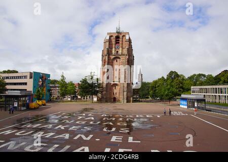 Oldehove Tower, is a leaning and unfinished church tower in the medieval centre of the Dutch city of Leeuwarden. Netherlands, August Stock Photo