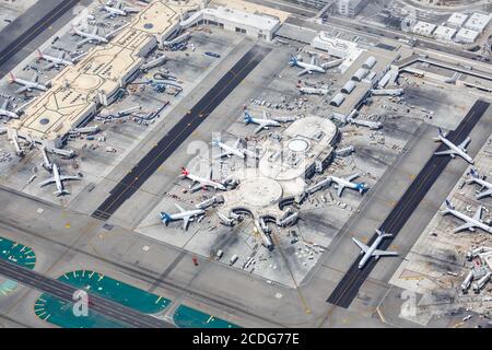 Los Angeles, California - April 14, 2019: Aerial view of Los Angeles International Airport (LAX) Terminals in California. Stock Photo