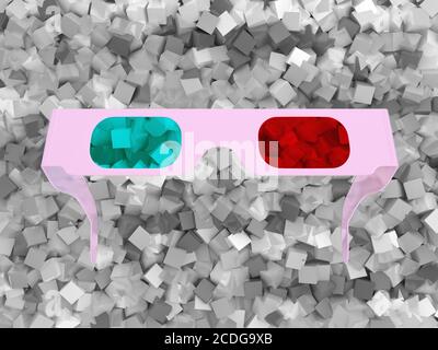 3D glasses and grey cubes Stock Photo