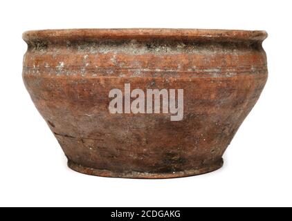 Old empty ceramic bowl or flower pot, isolated on white background Stock Photo