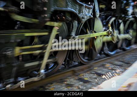 August 25, 2020: A general view of the wheels and moving parts on the Baldwin Locomotive Works, Norfolk and Western Railway, #475 steam locomotive, during an excursion at the Strasburg Railroad on Tuesday, Aug. 25, 2020 in Ronks, Pennsylvania. Rich Barnes/CSM Stock Photo