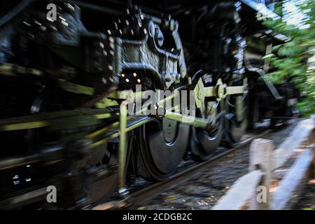 August 25, 2020: A general view of the wheels and moving parts on the Baldwin Locomotive Works, Norfolk and Western Railway, #475 steam locomotive, during an excursion at the Strasburg Railroad on Tuesday, Aug. 25, 2020 in Ronks, Pennsylvania. Rich Barnes/CSM Stock Photo