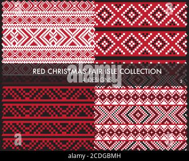 Red Christmas fair isle pattern collection includes 4 design swatches for fashion textiles, knit Stock Vector