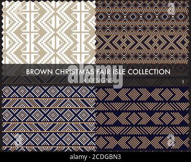 Brown Christmas fair isle pattern collection includes 4 design swatches for fashion textiles, Stock Vector