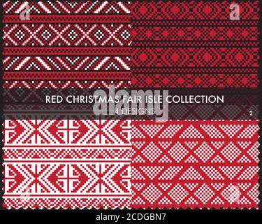 Red Christmas fair isle pattern collection includes 4 design swatches for fashion textiles, knit Stock Vector