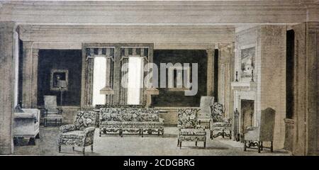 Greystone Hall - 1918  Illustration  of the lounging room from the commemorative booklet produced on the opening of the  new Masonic Temple at Akron, Ohio, USA Stock Photo