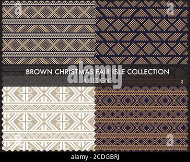 Brown Christmas fair isle pattern collection includes 4 design swatches for fashion textiles, Stock Vector