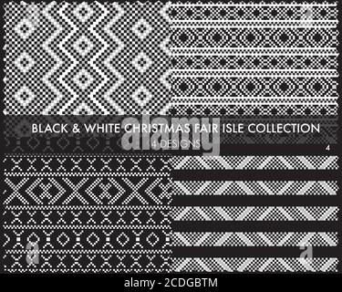 Black and White Christmas fair isle pattern collection includes 4 design swatches fo Stock Vector