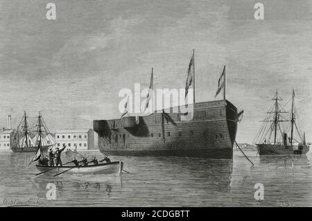 Spain, Andalusia, Cadiz province, San Fernando. La Carraca arsenal. Spanish cruiser 'Castilla' (1881-1898), launched on September 9, 1881 and given to the Spanish Armada in 1886. Its armour was reduced to armoured redoubts for the main guns. It took part in the naval battle of Cavite against Dewey's American squadron, during which he was set on fire and destroyed on 1st May, 1898. Life drawing by A. Cortellini Sánchez. Engraving by Tomás Carlos Capuz (1834-1899). La Ilustracion Española y Americana, 1881. Stock Photo