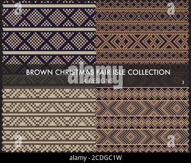 Brown Christmas fair isle pattern collection includes 4 design swatches for fashion textiles, Stock Vector