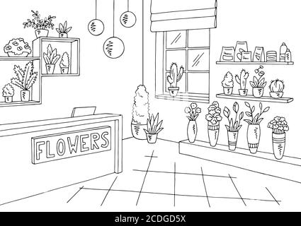 Flower shop interior graphic black white sketch illustration vector Stock Vector