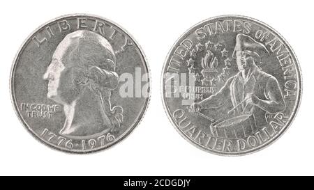 United States money. Quarter dollar coin (1776-1976). Obverse and reverse isolated over white Stock Photo