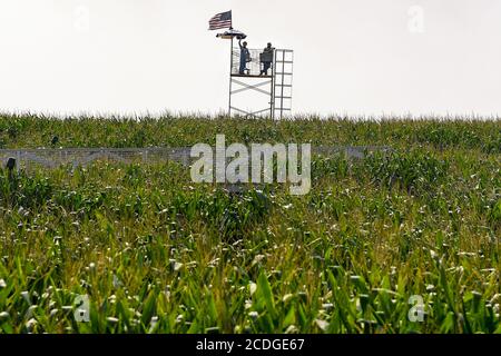 August 25, 2020: A staff member at The Amazing Maize Maze waive to passengers during an excursion at the Strasburg Railroad on Tuesday, Aug. 25, 2020 in Ronks, Pennsylvania. Rich Barnes/CSM Stock Photo