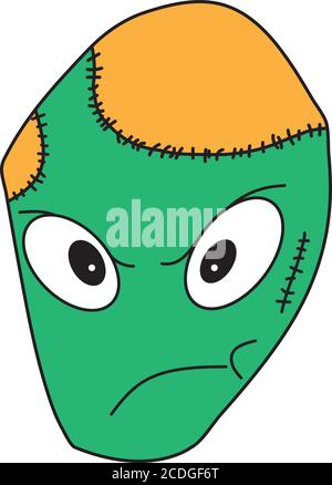 Original Green Cartoon Zombie Monster Head with brains and scars Vector Illustration for painting coloring book idea Stock Vector