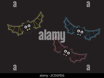 Three vector illustrated cartoon bats in neon colours flying on black background, Halloween theme bat Stock Vector