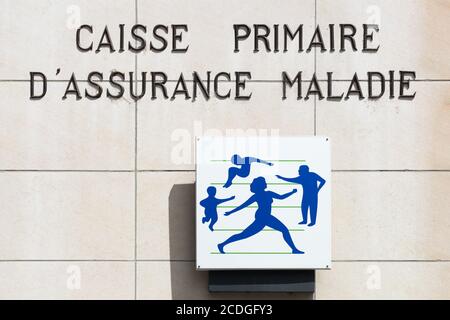 Vienne, France - June 7, 2020: Social security sign on a wall. Illness branch called Assurance Maladie is one of the four branches Stock Photo