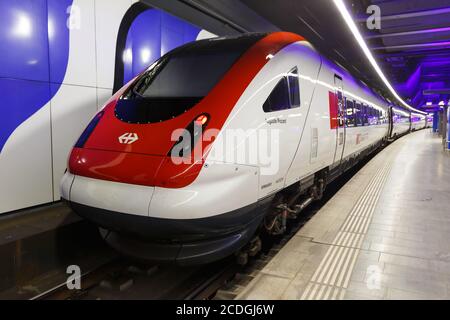 Zurich, Switzerland - July 22, 2020: InterCity train at Zurich Airport (ZRH) in Switzerland. Stock Photo