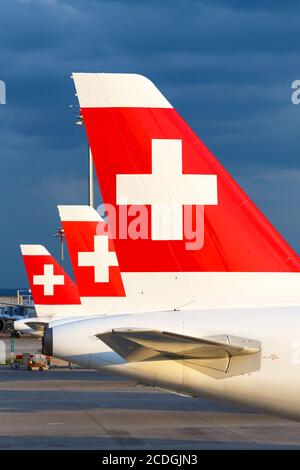 Zurich, Switzerland - July 22, 2020: Swiss Airbus A320 airplane tails at Zurich Airport (ZRH) in Switzerland. Stock Photo