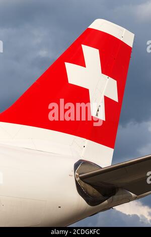 Zurich, Switzerland - July 22, 2020: Swiss Airbus A330-300 airplane tail at Zurich Airport (ZRH) in Switzerland. Stock Photo