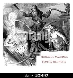 Beautiful typographic front chapter image of a vintage book about fire, hydraulic machines and fire hoses decorated by a fireman and mythological figures Stock Photo