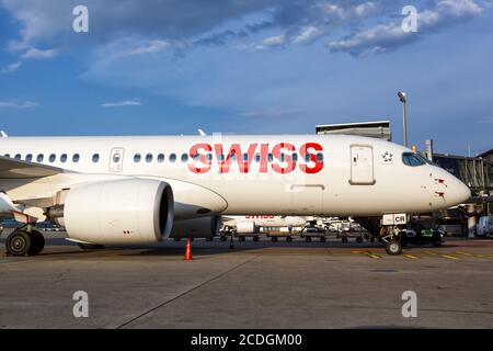 Zurich, Switzerland - July 22, 2020: Swiss Airbus A220-300 airplane at Zurich Airport (ZRH) in Switzerland. Airbus is a European aircraft manufacturer Stock Photo