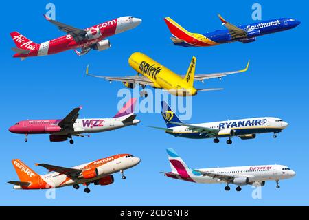 Frankfurt, Germany - April 7, 2020: Airplanes aircraft Low Cost Airlines airplane Ryanair Southwest Easyjet Air Asia. Stock Photo