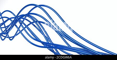 bright metallic fibre-optical blue cables on a white background Stock Photo