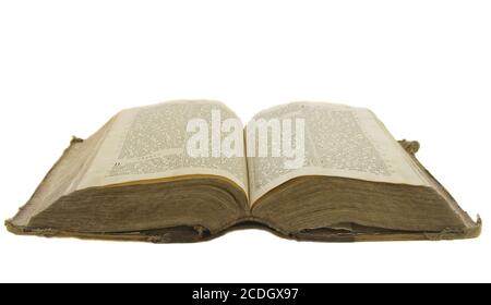 Vintage old book bible open for reading isolated on white Stock Photo