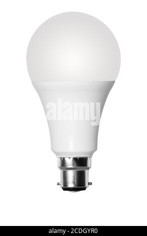 Isolated cutout LED bulb with UK B22 bayonet fitting and set against white background Stock Photo