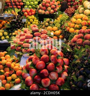 Detail of a beautiful and diverse fresh fruit market stall in the famous market of La Boqueria (Mercat de Sant Josep de la Boqueria) in central Barcel Stock Photo