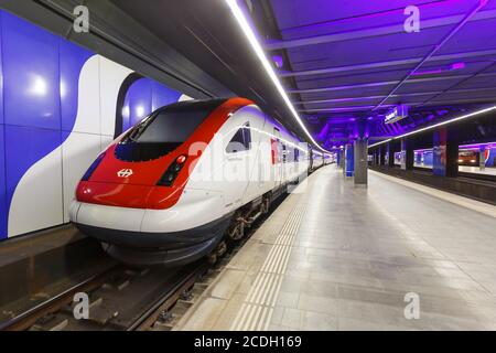 Zurich, Switzerland - July 22, 2020: InterCity train at Zurich Airport railway station in Switzerland. Stock Photo