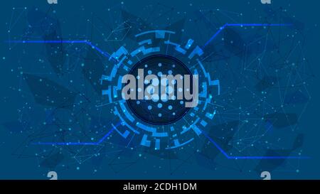 Cardano token symbol in a digital circle with a cryptocurrency theme on a blue background. ADA coin icon. Digital gold for website or banner. Stock Vector
