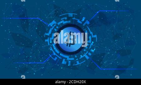 Bitcoin token symbol in a digital circle with a cryptocurrency theme on a blue background. BTC coin icon. Digital gold for website or banner. Stock Vector