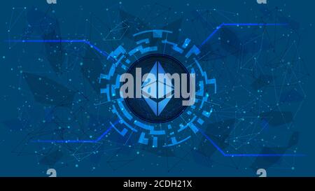 Ethereum token symbol, ETH coin icon, in a digital circle with a cryptocurrency theme on a blue background. Digital gold in futuristic style. Stock Vector