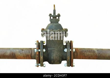 old rusty pipe with shut-off valve over green grass Stock Photo