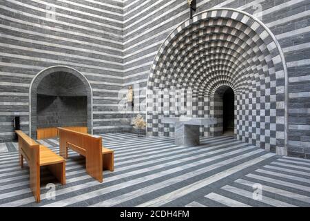 Amazing modern interior design of the small Church of Saint Giovanni Battista from Mongo in Valle Maggia, Ticino, Switzerland. The design, by the Tici Stock Photo