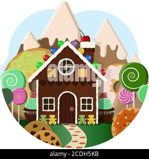 Gingerbread house with Candy trees and sweet mountains in the background. Illustration of a pastry shop with a landscape of lollipops, cupcakes, cookies, doughnuts and fruit. Cartoon bright vector for children, for children s day or greetings. Stock Vector