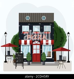 Facade of a pizza restaurant with outdoor tables and home delivery. Vector illustration of a pizzeria with a red and white canopy, Billboard and potted plants. Nice building of an Italian restaurant in European style. Flat illustration in blue and red colors. Stock Vector