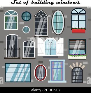 A set of vector Windows for buildings. Flat illustration of different types and styles of frames and Windows for the house. Windows with shutters, arches, European, with a balcony, large and double-hung. Vector for creating home images on isolation, stay at home during quarantine. Illustrations for the design of facades, streets and exterior of the building, outdoor. Set of detailed various colorful windows with windowsills, curtains, flowers, balconies. Flat style vector illustration Stock Vector
