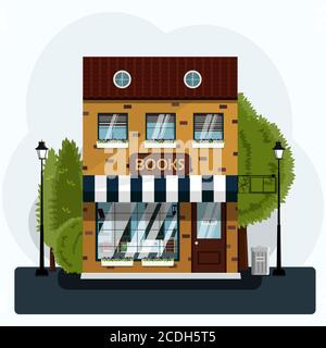 A nice two-story bookstore. Flat vector illustration of a brick building with a European striped canopy, street lights and green trees. An illustration in mu with a large display case filled with books. Vector vintage printable poster design background on downtown brick building structure facade with detailed windows and retro antiquarian book shop front on ground floor. Stock Vector