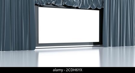 empty white modern screen with blue curtains aroun Stock Photo