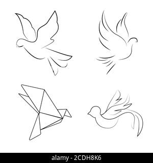 pigeons in different styles. cute doves.black and white pigeons Stock Vector