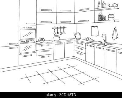 Kitchen room graphic black white interior sketch illustration vector Stock Vector