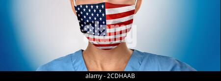 USA Flag pattern on medical face mask banner. American doctor wearing Corona virus protective covering as covid prevention in the United States of Stock Photo