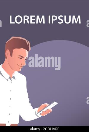 Young man looks with his smartphone. Stock Vector