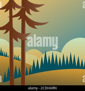 Landscape with pine trees, forests and fields. Stock Vector