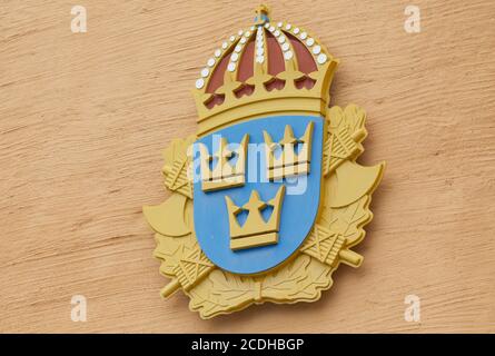 Swedish police emblem at a police station. Photo Jeppe Gustafsson Stock Photo