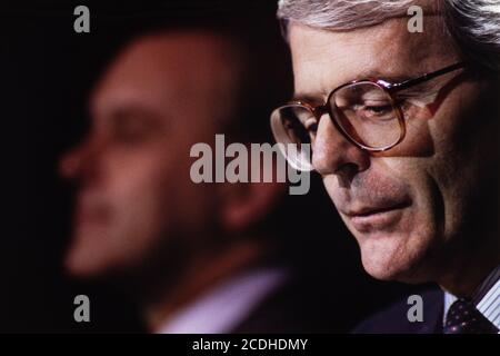 Prime Minister John Major MP speaking at the launch of the FEFC Further Education Funding Council at the QEII Conference Centre in Westminster with John Patten MP behind him . 01 March 1993. Photo: Neil Turner Stock Photo